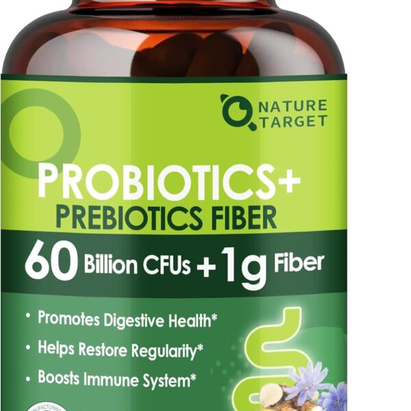 NATURE TARGET Prebiotic Fiber Supplement with 60 Billion Probiotics for Digestive Health - Prebiotics and Probiotics for Women & Men Regularity, Supports Occasional Constipation - 120 Veggie Capsules