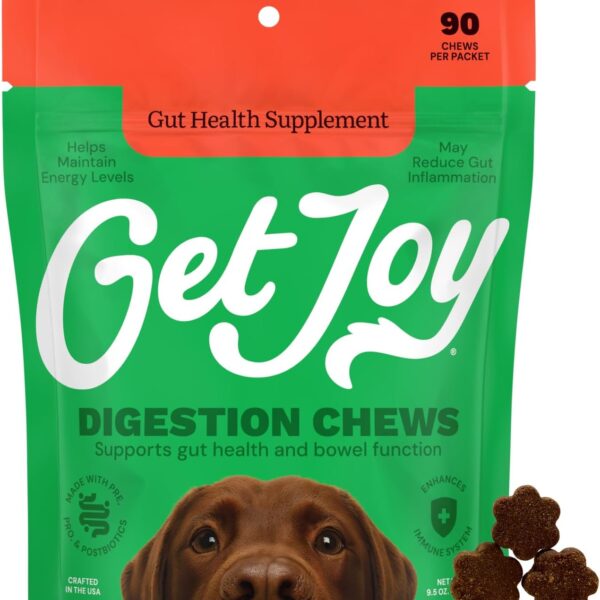 Get Joy Digestion Chews, Gut Health Supplement for Dogs, Vet Recommended Soft Daily Digestive Health & Immune Support with Prebiotics, Probiotics & Postbiotics, Made in USA, 90 Count
