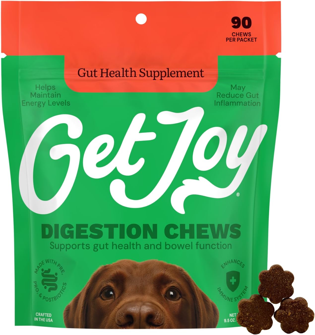 Get Joy Digestion Chews, Gut Health Supplement for Dogs, Vet Recommended Soft Daily Digestive Health & Immune Support with Prebiotics, Probiotics & Postbiotics, Made in USA, 90 Count Get Joy Digestion Chews, Gut Health Supplement for Dogs, Vet Recommended Soft Daily Digestive Health & Immune Support with Prebiotics, Probiotics & Postbiotics, Made in USA, 90 Count