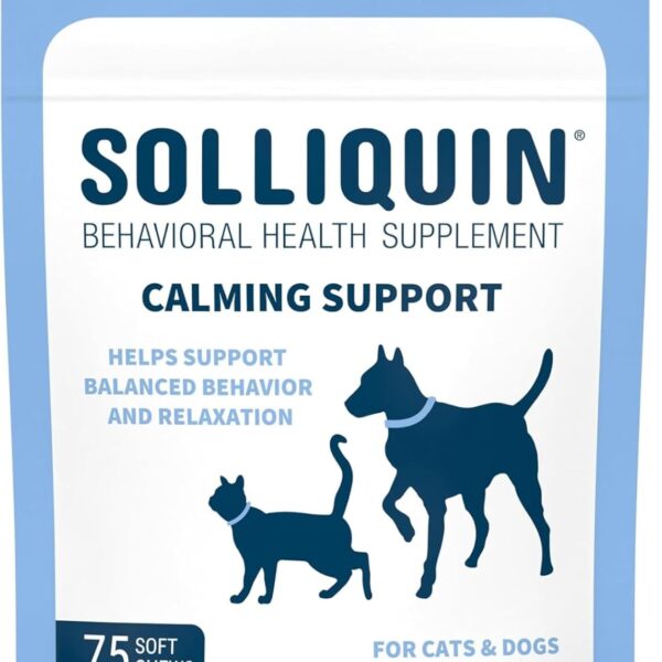Nutramax Solliquin Calming Behavioral Health Supplement for Small to Medium Dogs and Cats - With L-Theanine, Magnolia / Phellodendron, and Whey Protein Concentrate, 75 Soft Chews