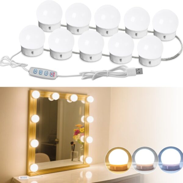 Led Vanity Mirror Lights,Vanity Lights for Makeup Dressing Mirror Lighting,10 Dimmable Bulbs,Adjustable Light Color & Brightness,USB Cable,Mirror not Included
