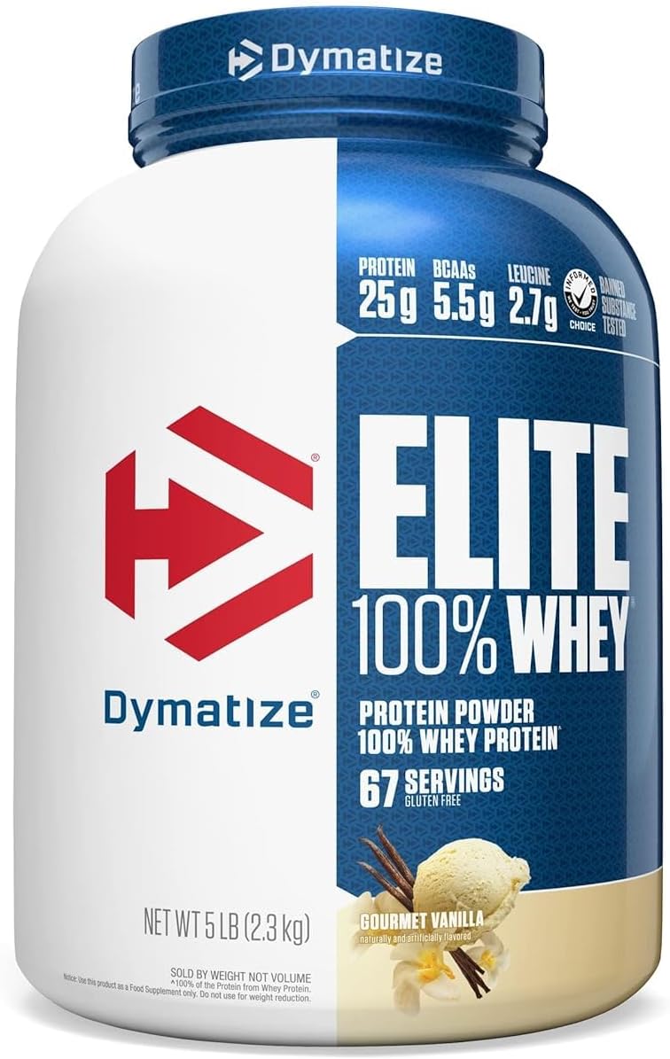 Dymatize Elite 100% Whey Protein Powder, Vanilla, 25g of Protein, 5.5g BCAAs, Less Than 140 Cal., Gluten Free, 2g Carb, 2g Sugar, 3g Fat (67 Servings)