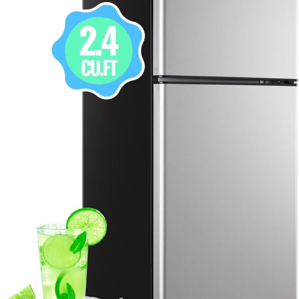 Mini Fridge with Freezer, 2.4 Cu.Ft Personal Refrigerator Only for One Person Use, Silver Tiny Small Size Refrigerator with 7 Level Adjustable Temperature and Double Door