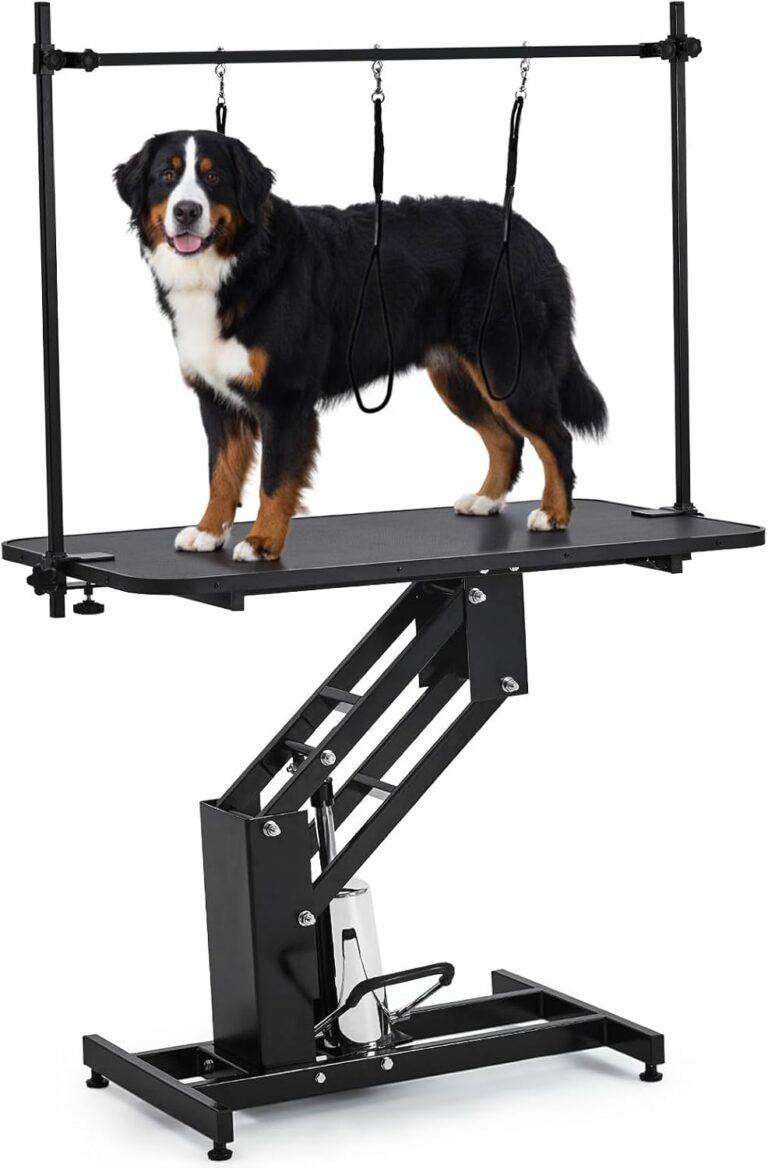 Garvee 43.3" Hydraulic Dog Grooming Table for Pet, Heavy Duty Structural Hydraulic Max Load 350Lbs Professional Pet Grooming Table with Adjustable Overhead Arm & Noose Height Range 22''-39'' (Black)