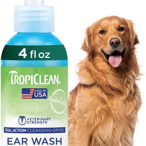 TropiClean Dog Ear Cleaner, Vet Recommended Ear Cleaning Solution for Itch Relief, Daily Use Drops Prevent Infection, Cat Safe, USA Made, 4oz
