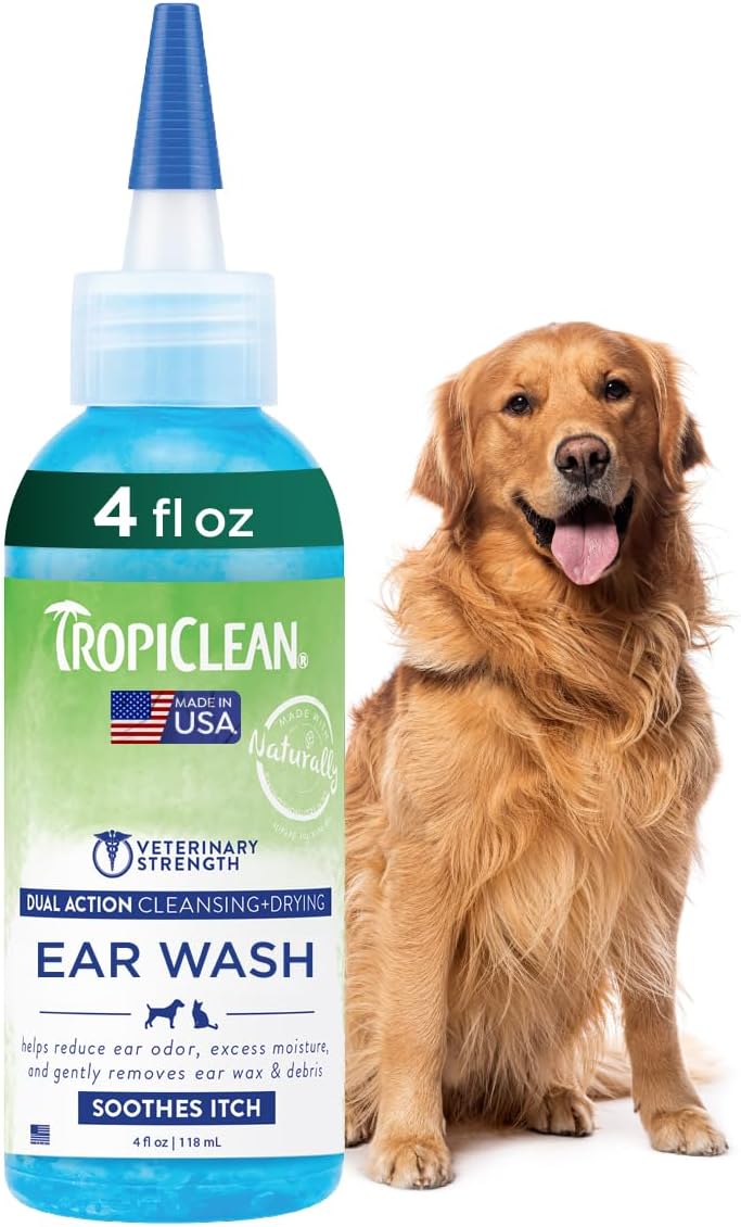 TropiClean Dog Ear Cleaner, Vet Recommended Ear Cleaning Solution for Itch Relief, Daily Use Drops Prevent Infection, Cat Safe, USA Made, 4oz TropiClean Dog Ear Cleaner, Vet Recommended Ear Cleaning Solution for Itch Relief, Daily Use Drops Prevent Infection, Cat Safe, USA Made, 4oz