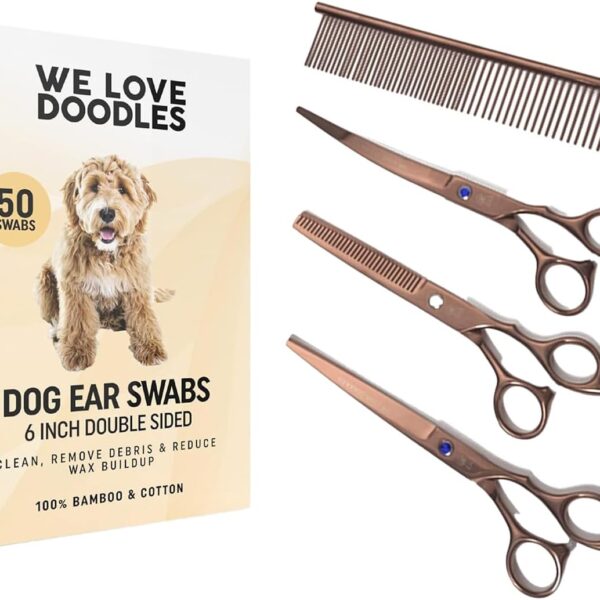 We Love Doodles Long Cotton Dog Ear Swabs and Grooming Scissors Kit Bundle - Qtips for Dogs and Dog Grooming Scissors Kit - Clean Wood Buds for Pet Ears - Grooming Scissors for Goldendoodles