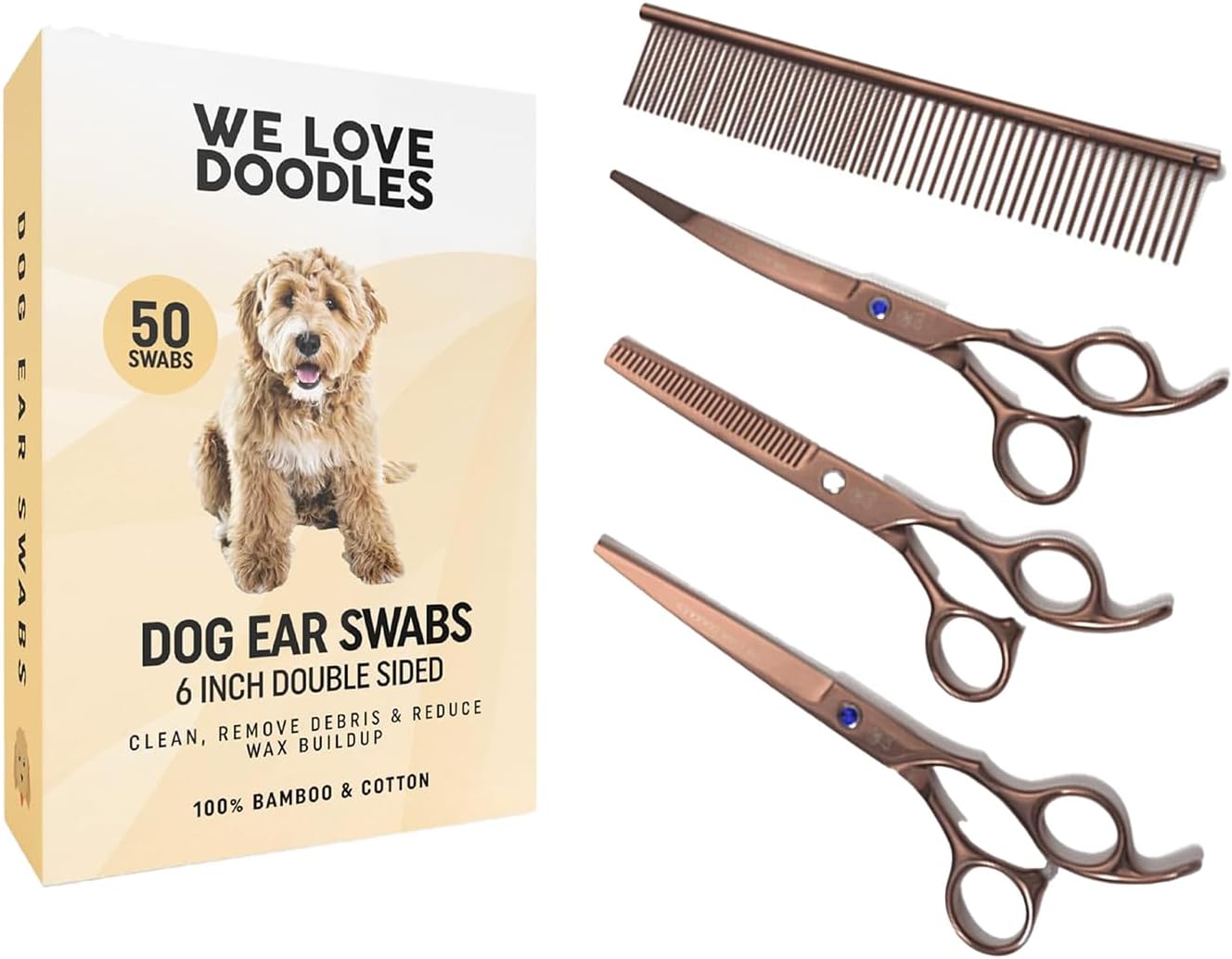 We Love Doodles Long Cotton Dog Ear Swabs and Grooming Scissors Kit Bundle - Qtips for Dogs and Dog Grooming Scissors Kit - Clean Wood Buds for Pet Ears - Grooming Scissors for Goldendoodles We Love Doodles Long Cotton Dog Ear Swabs and Grooming Scissors Kit Bundle - Qtips for Dogs and Dog Grooming Scissors Kit - Clean Wood Buds for Pet Ears - Grooming Scissors for Goldendoodles