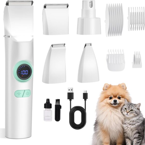 TBTeek Dog Clippers with LED Light, Cordless Dog Grooming Kit 5 in 1, Rechargeable Quiet Pet Clippers Paw Trimmer Nail Grinder for Body Face Ears Paw Nail