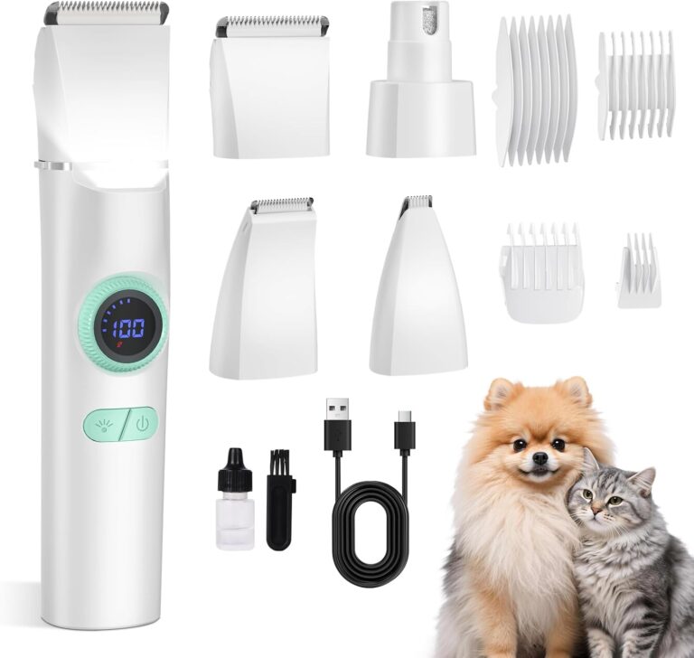 TBTeek Dog Clippers with LED Light, Cordless Dog Grooming Kit 5 in 1, Rechargeable Quiet Pet Clippers Paw Trimmer Nail Grinder for Body Face Ears Paw Nail