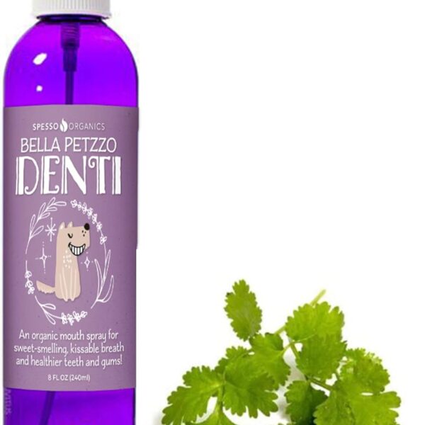BELLA PETZZO DENTI - Organic Dental Mouth Spray For Dogs-Helps Fight Plaque, Tartar, Bad Breath, Gums, Provides Kissable Fresh Breath, Made With Coconut Oil, Coriander, Myrrh - 8 Fl Oz (240ml