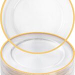 Goodluck 12 Inch Charger Plates, 50 Pack Clear Charger Plates with Gold Trim, Plastic Charger Plate Bulk for Dinner, Wedding, Party, Event Decoration, Clear&Gold