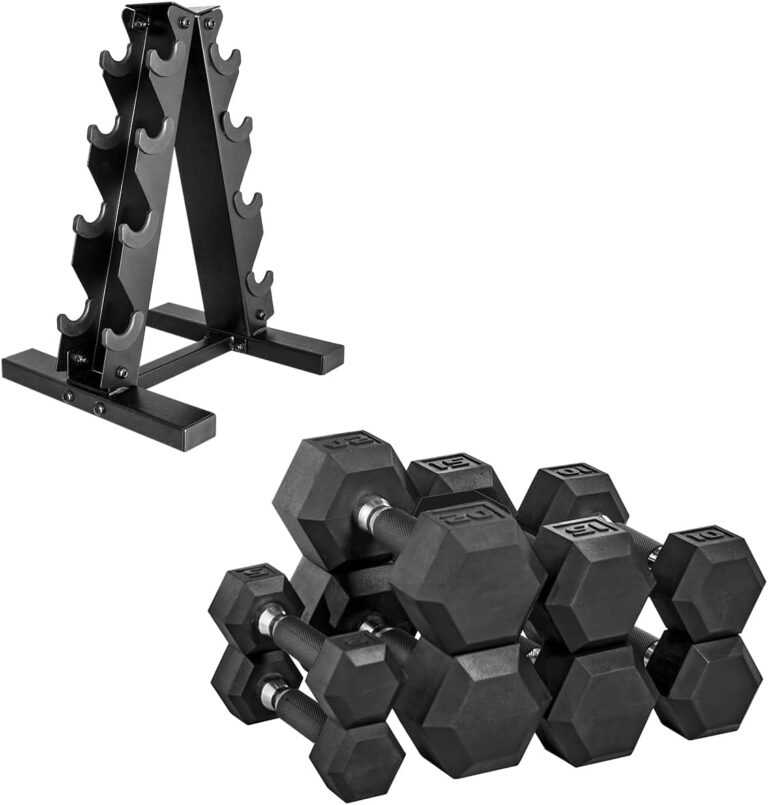 CAP 100 LB Coated Hex Dumbbell Weight Set with Comfort Grip and with Vertical Rack