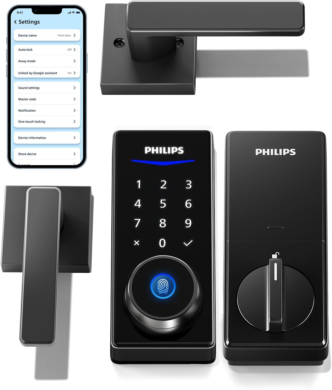 Philips Smart Lock with Handles, Keyless Entry Door Lock Set, Keypad Door Lock with 2 Level Handles, Digital Keypad Deadbolt for Front Door, App Fingerprint PIN Code Unlocking, Auto Locking Philips Smart Lock with Handles, Keyless Entry Door Lock Set, Keypad Door Lock with 2 Level Handles, Digital Keypad Deadbolt for Front Door, App Fingerprint PIN Code Unlocking, Auto Locking