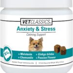 Vet Classics Anxiety & Stress Dog Supplement  Helps Reduce Dog Stress  Includes Botanicals for Calming Dog Behavior, Pet Nervousness  Melatonin, Chamomile, Ginkgo Biloba  Soft Chews 120 Ct.