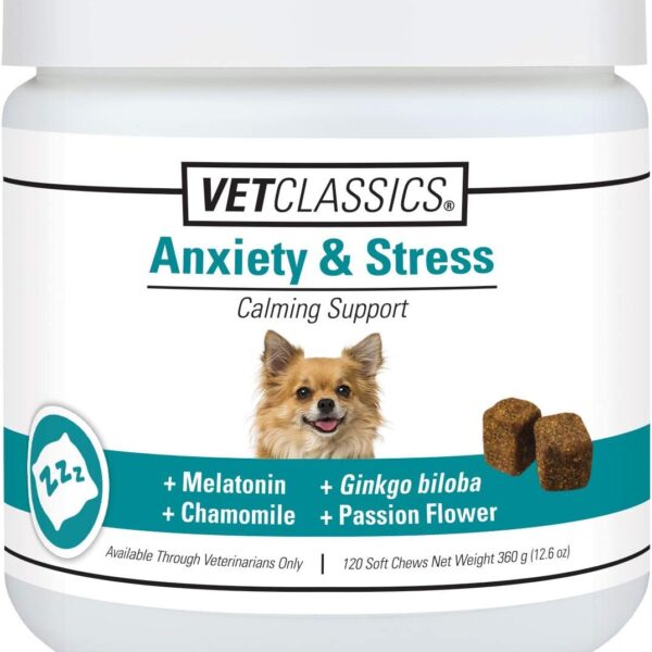 Vet Classics Anxiety & Stress Dog Supplement  Helps Reduce Dog Stress  Includes Botanicals for Calming Dog Behavior, Pet Nervousness  Melatonin, Chamomile, Ginkgo Biloba  Soft Chews 120 Ct.