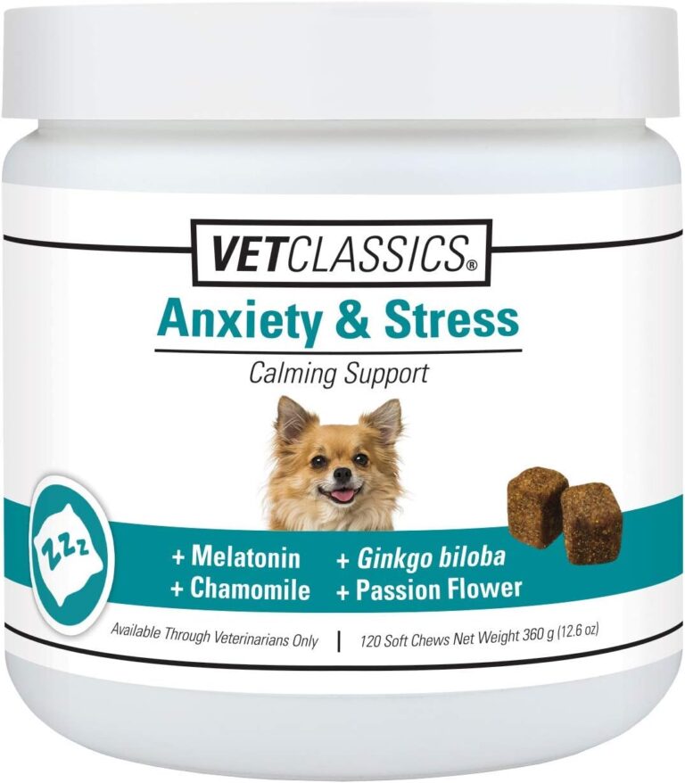 Vet Classics Anxiety & Stress Dog Supplement  Helps Reduce Dog Stress  Includes Botanicals for Calming Dog Behavior, Pet Nervousness  Melatonin, Chamomile, Ginkgo Biloba  Soft Chews 120 Ct.