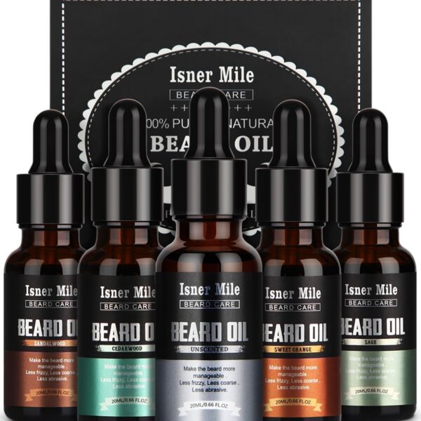 ISNER MILE 5 Pack Beard Oil Kit: Sandalwood Orange Cedarwood Sage Unscented for Beard Care & Conditioner, Christmas Stocking Stuffers for Adults Men, Birthday Gifts for Him Boyfriend Dad Husband