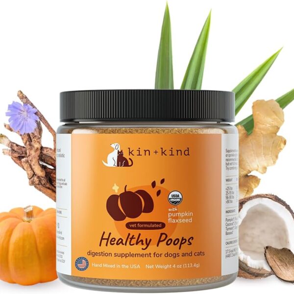 kin+kind Probiotics for Dogs - Digestive Health Support with Prebiotics & Fiber Powder - Cat and Dog Vitamins and Supplements for Gut Health, Healthy Poops & Immune Support - Made in USA - 4 oz