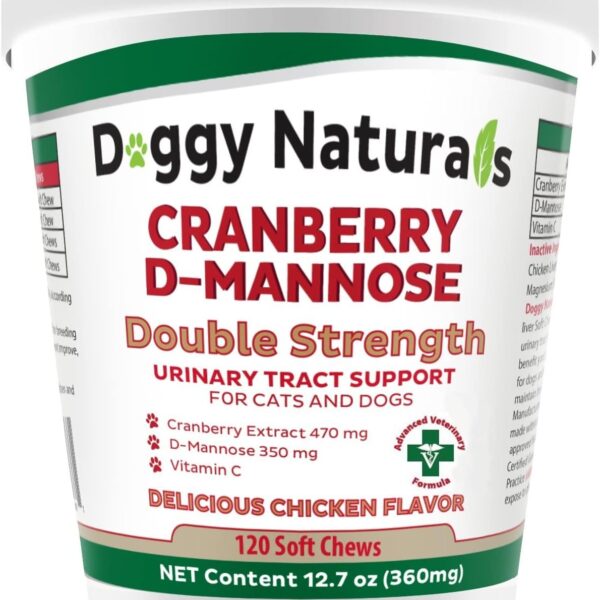 Cranberry D-Mannose for Dogs and Cats Urinary Tract Infection Support Prevents and Eliminates UTI, Bladder Infection Kidney Support 11.4 oz (Double Strength Soft Chew, 120 Soft Chew)