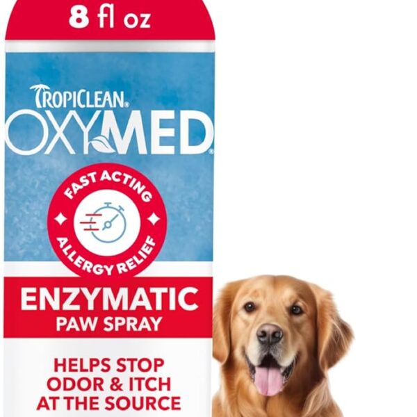 TropiClean OxyMed Itch Relief for Dogs Paws, Vet Recommended Enzymatic Anti Itch Spray, Deodorizing Spray for Paw Odor Control, Licking Treatment, USA Made, 8 oz.