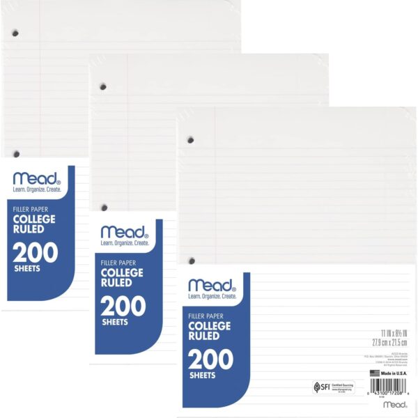 Mead Loose Leaf Paper, 3 Pack, Notebook Paper, College Ruled Filler Paper, Standard, 8.5 x 11, 200 Sheets per Pack (73189)