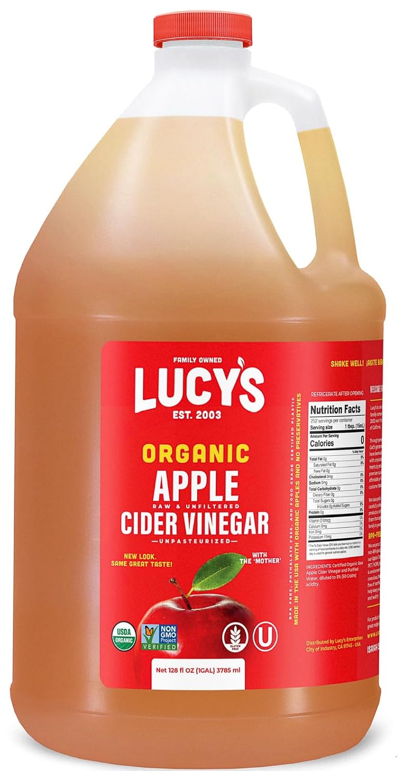 Lucy's Family Owned - GALLON SIZE, Organic, With the Mother, Apple Cider Vinegar, Unfiltered, Unpasteurized, NonGMO, and Raw Lucy's Family Owned - GALLON SIZE, Organic, With the Mother, Apple Cider Vinegar, Unfiltered, Unpasteurized, NonGMO, and Raw