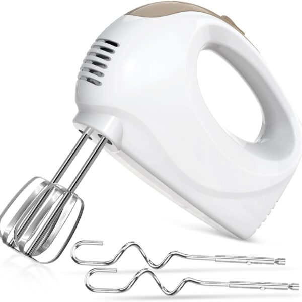 5-Speed Electric Hand Mixer with Whisk, Traditional Beaters, 120 Watts,Portable & Lightweight, Blending or Cooking White