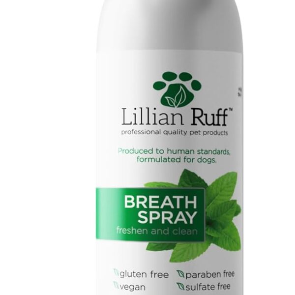 Lillian Ruff Dog Breath Freshener Dental Care Spray - Dog Oral Health Teeth Cleaning Formula Targets Bad Dog Breath, Plaque & Tartar Build-Up, Supports Oral Care, Gum Health & Immune System (4oz)