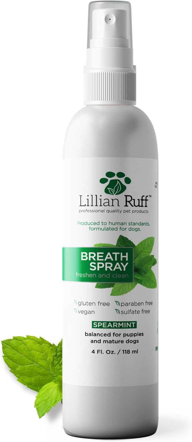 Lillian Ruff Dog Breath Freshener Dental Care Spray - Dog Oral Health Teeth Cleaning Formula Targets Bad Dog Breath, Plaque & Tartar Build-Up, Supports Oral Care, Gum Health & Immune System (4oz) Lillian Ruff Dog Breath Freshener Dental Care Spray - Dog Oral Health Teeth Cleaning Formula Targets Bad Dog Breath, Plaque & Tartar Build-Up, Supports Oral Care, Gum Health & Immune System (4oz)