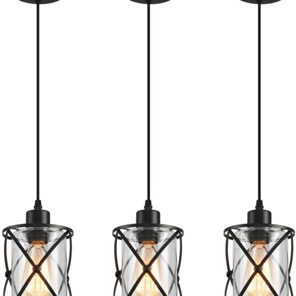 3 Lights Industrial Pendant Light with Glass Shade Matte Black Pendant Lighting Adjustable Industrial Retro Style Hanging Light,Kitchen Island Farmhouse Pendant Lights Fixtures for Kitchen,Farmhouse