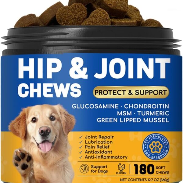 Dog Hip and Joint Supplement with Glucosamine & Chondroitin - Supports Mobility & Pain Relief for Senior & Large Dogs - 180 Soft Chews