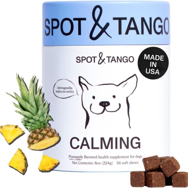 Spot & Tango Calming Supplements for Dogs - Vet-Approved for Anxiety and Stress Relief - L-Theanine, Passionflower, Ashwagandha, Chamomile - Flavored with Real Pineapple, 56 Count