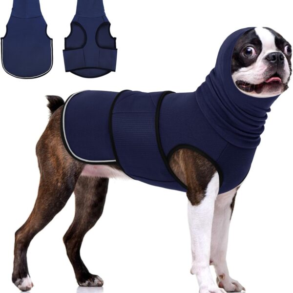 KOESON Dog Calming Hoodie, Pet Thunder Jacket with Ear Wrap, Breathable Dog Anti-Anxiety Vest for Thunder, Fireworks, Travel, Separation, Comfort Pet Anxiety Relief Wrap, Navey Blue S