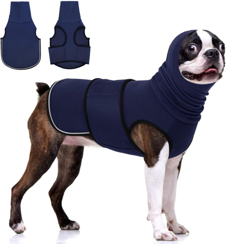 KOESON Dog Calming Hoodie, Pet Thunder Jacket with Ear Wrap, Breathable Dog Anti-Anxiety Vest for Thunder, Fireworks, Travel, Separation, Comfort Pet Anxiety Relief Wrap, Navey Blue S