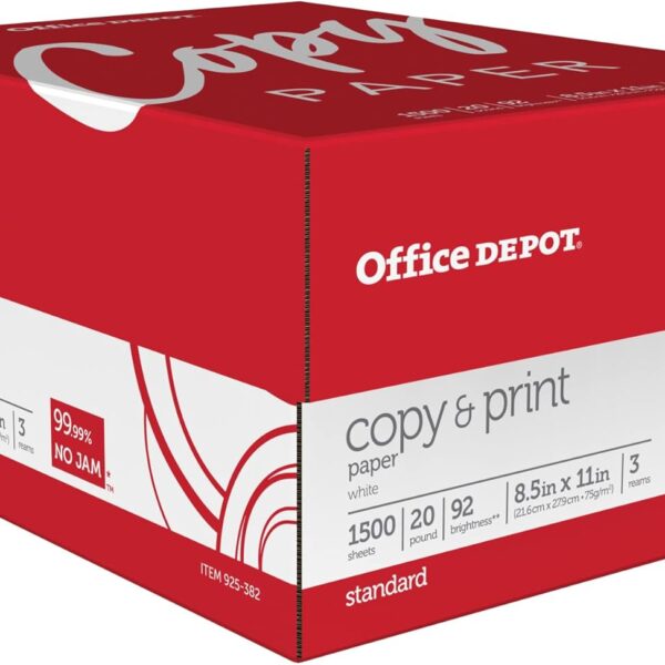 Office Depot Copy Print Paper, 8 1/2in. x 11in., 20 Lb, Bright White, 500 Sheets Per Ream, Case Of 3 Reams, 1008