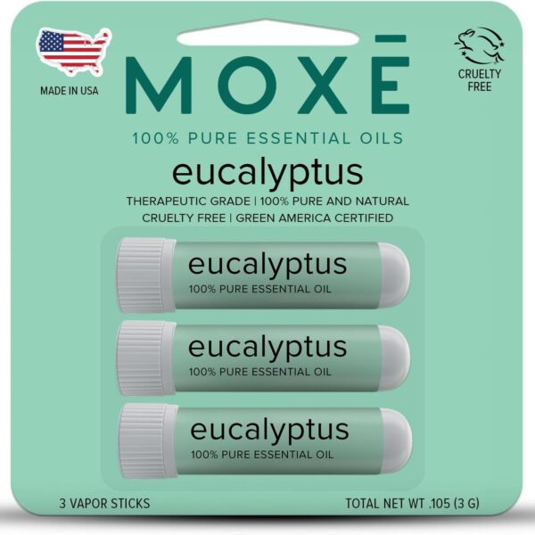MOX Eucalyptus Essential Oil Nasal Inhaler, Sinus & Congestion Relief, Daily Relaxation, Stress Relief, Therapeutic No-Mess Aromatherapy, Pure and Natural, Made in USA (3 Pack) packaging may vary