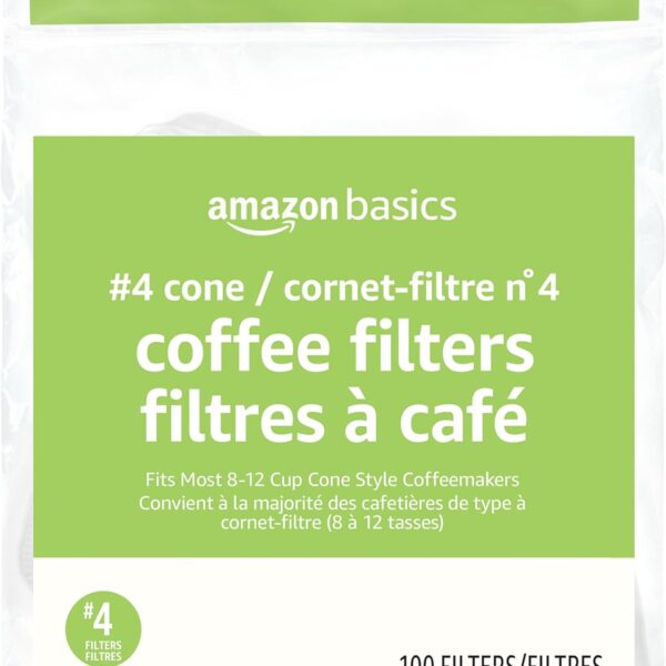 Amazon Basics Number 4 Cone Coffee Filters for 8-12 Cup Coffee Makers, White, 100 Count