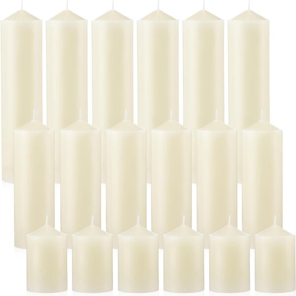 MTLEE 18 Pcs Set of 3 Pillar Candles Bulk 2 in x 3, 6, 8 Long Burning Clean Unscented Smokeless Pillar Candles for Wedding Emergency Lanterns Ceremony Party (Ivory White)