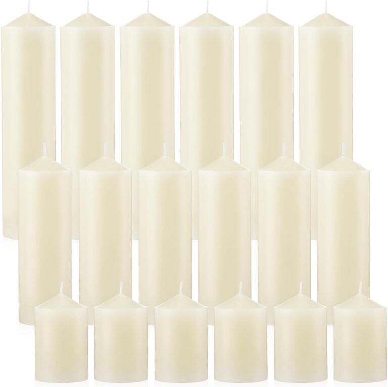 MTLEE 18 Pcs Set of 3 Pillar Candles Bulk 2 in x 3, 6, 8 Long Burning Clean Unscented Smokeless Pillar Candles for Wedding Emergency Lanterns Ceremony Party (Ivory White)