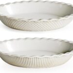 getstar Ceramic Pie Pan Set of 2, 9 inch Pie Dish for Baking, Non-Stick, Oven & Dishwasher Safe, Farmhouse Decor Quiche Baking Dish, Pie Plate, Deep Dish Pie Pan (Embossed Stripes+Dots)