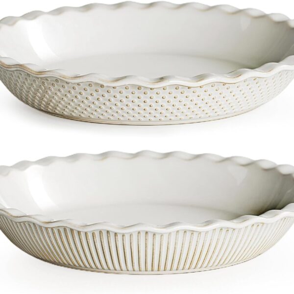 getstar Ceramic Pie Pan Set of 2, 9 inch Pie Dish for Baking, Non-Stick, Oven & Dishwasher Safe, Farmhouse Decor Quiche Baking Dish, Pie Plate, Deep Dish Pie Pan (Embossed Stripes+Dots)
