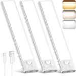 3-Pack Under Cabinet Lighting, 68LED 1800mAh Motion Sensor Lights Indoor, 3 Color Wireless Dimmable Rechargeable Battery Operated Closet Lights, Magnetic Under Counter Light Fixture for Kitchen Stair