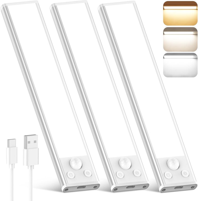 3-Pack Under Cabinet Lighting, 68LED 1800mAh Motion Sensor Lights Indoor, 3 Color Wireless Dimmable Rechargeable Battery Operated Closet Lights, Magnetic Under Counter Light Fixture for Kitchen Stair
