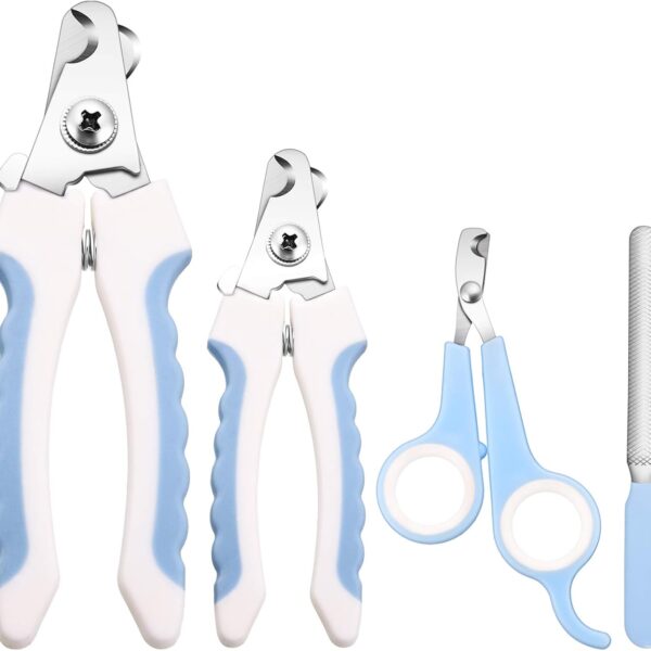 Mudder 4 Pieces Dog Nail Clippers Kit Dog Cat Pets Nail Clippers and Trimmers with Safety Guard to Avoid Over Cutting for Large Small Animals Pet Grooming (Blue and White)