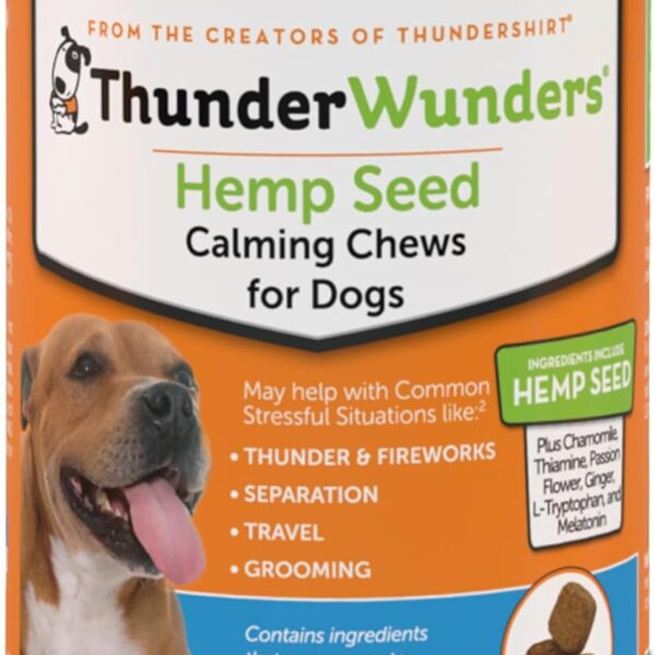 ThunderWunders Hemp Dog Calming Chews | Vet Recommended for Situational Anxiety | Fireworks, Thunderstorms, Travel & More | Made with Hemp Seed, Thiamine, L-Tryptophan, Melatonin & Ginger (60 Count)