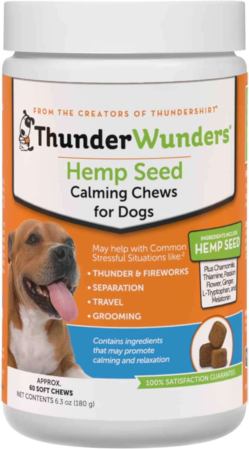 ThunderWunders Hemp Dog Calming Chews | Vet Recommended for Situational Anxiety | Fireworks, Thunderstorms, Travel & More | Made with Hemp Seed, Thiamine, L-Tryptophan, Melatonin & Ginger (60 Count) ThunderWunders Hemp Dog Calming Chews | Vet Recommended for Situational Anxiety | Fireworks, Thunderstorms, Travel & More | Made with Hemp Seed, Thiamine, L-Tryptophan, Melatonin & Ginger (60 Count)