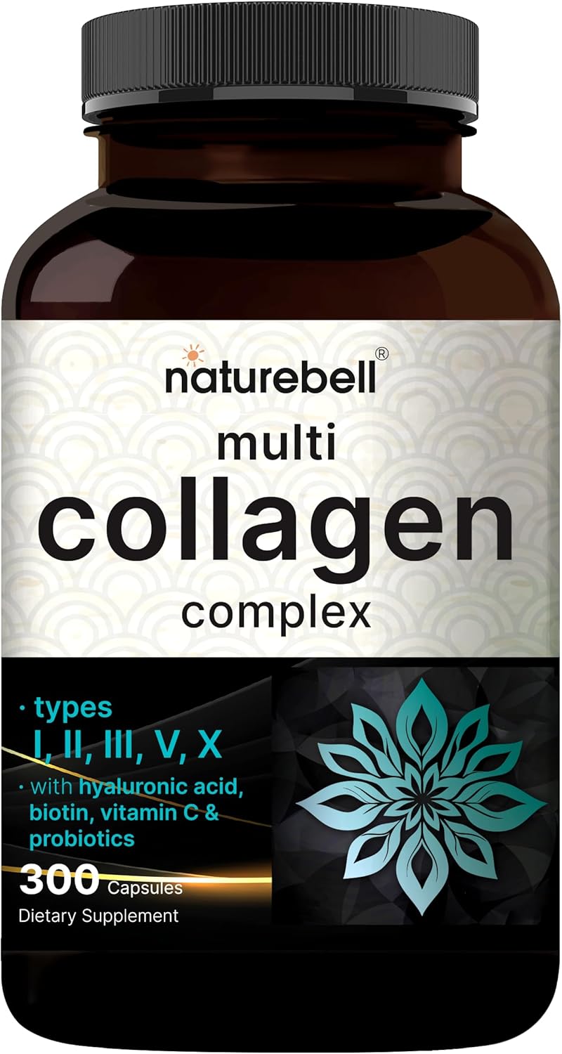 NatureBell Multi Collagen Complex - 300 Capsules - 5 Collagen Peptides (Type I, II, III, V, X), Hyaluronic Acid, Biotin & Probiotics - Hair, Skin, Nail, Joint & Gut Health Support* NatureBell Multi Collagen Complex - 300 Capsules - 5 Collagen Peptides (Type I, II, III, V, X), Hyaluronic Acid, Biotin & Probiotics - Hair, Skin, Nail, Joint & Gut Health Support*