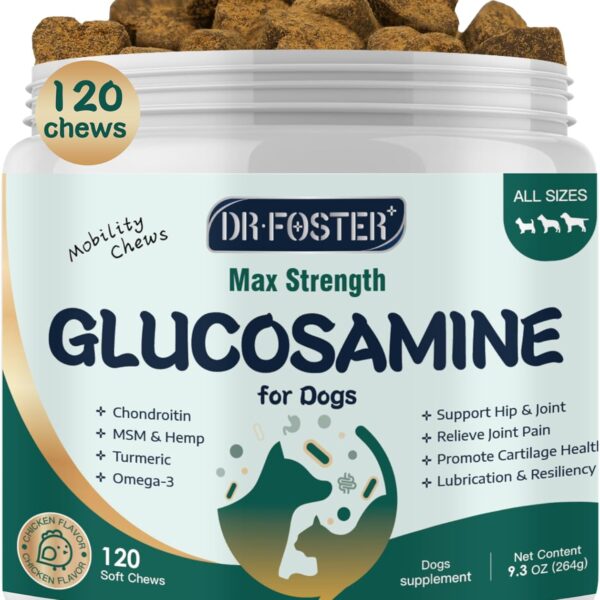 Glucosamine for Dogs, Hip and Joint Supplement for Dogs with Chondroitin, MSM, Turmeric, Omega-3 & Calcium, Dog Glucosamine Supports Pain Relief, Mobility & Comfort, Chicken Flavor, 120 Soft Chews