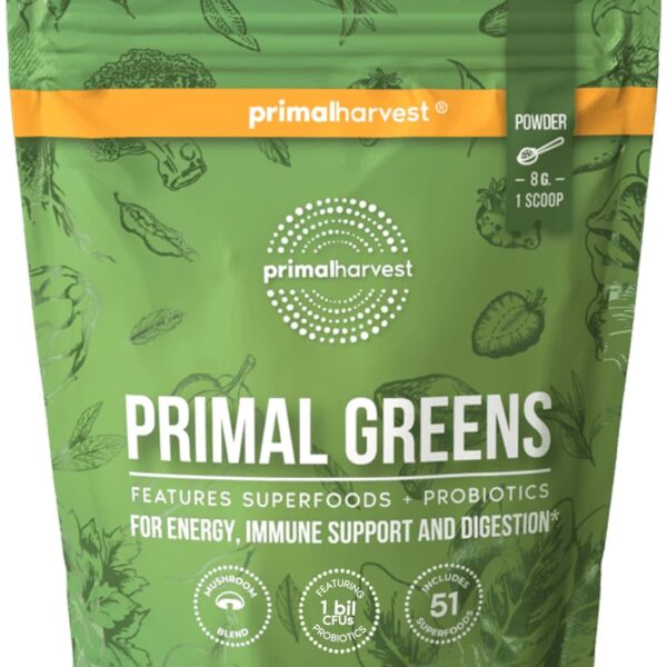 Primal Harvest Super Greens Powder, 30 Servings w/+50 Greens Superfood Chlorella, Probiotics, Green Tea, Wheatgrass, Kale, Turmeric for Energy,Primal Greens